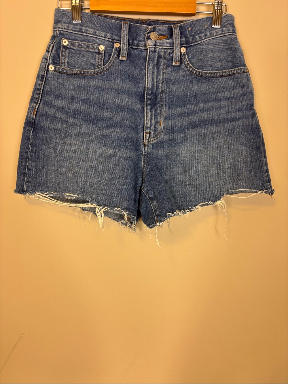 Madewell High-Rise The Mom Jean Frayed Hem Denim Shorts - Blue 26